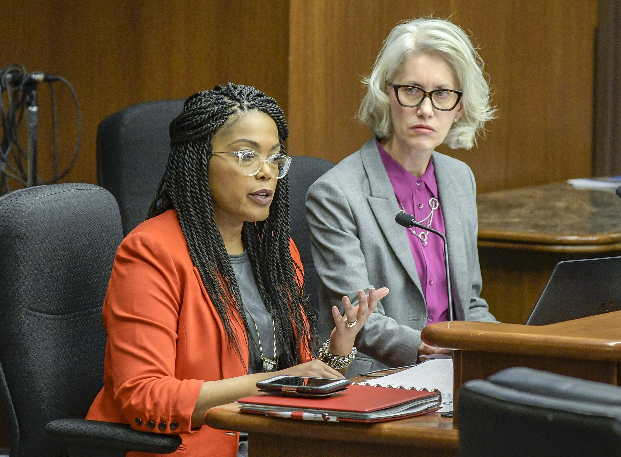 Acooa Ellis, left, and Jeanne Crain, co-chairs of the Governor’s Housing Task Force, present an update to the House Housing Finance and Policy Division Jan. 16. Photo by Andrew VonBank